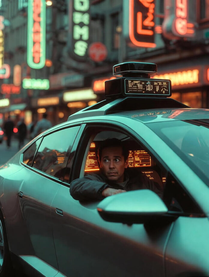 tuck in dense urban traffic at dusk