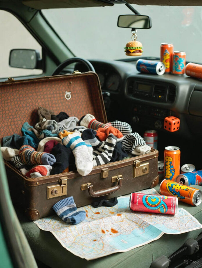 Consider these elements: an overstuffed duffel bag spilling