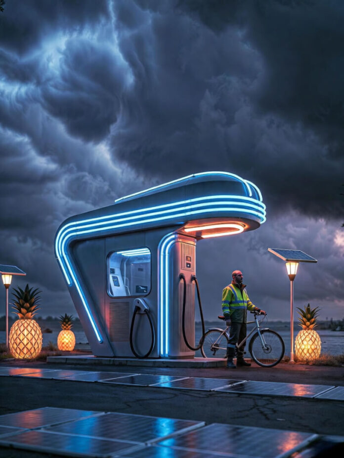 with a glowing home charger plugged in and faint rain streaks