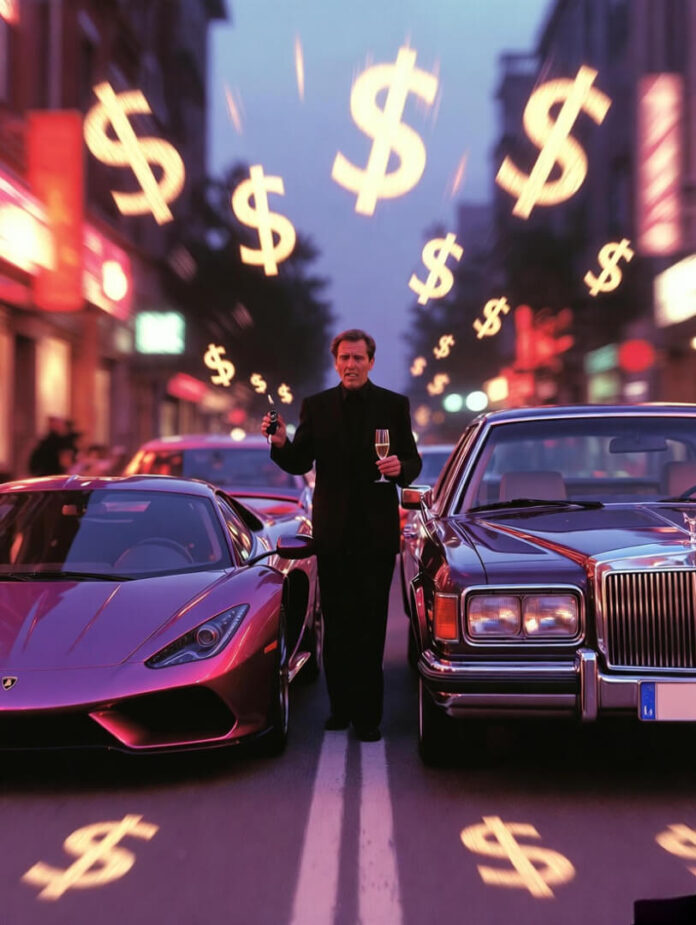 Lamborghini supercar parked right next to a glossy black Rolls-Royce